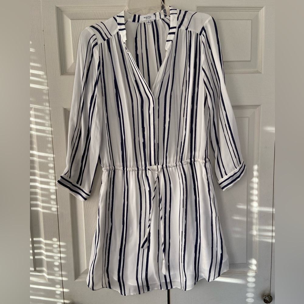 Aritzia Babaton Bennett Silk White and Blue Striped Shirt Dress